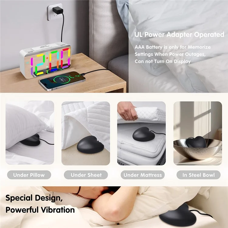 7-inch Mirror Display Vibrating Alarm Clock with Bed Shaker RGB Night Light for Heavy Sleeper - Black
