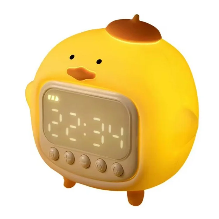 Reloj Despertador con Pantalla LED de Pato Abrazado C15 y Luz Nocturna Suave de Silicona Regulable - Amarillo