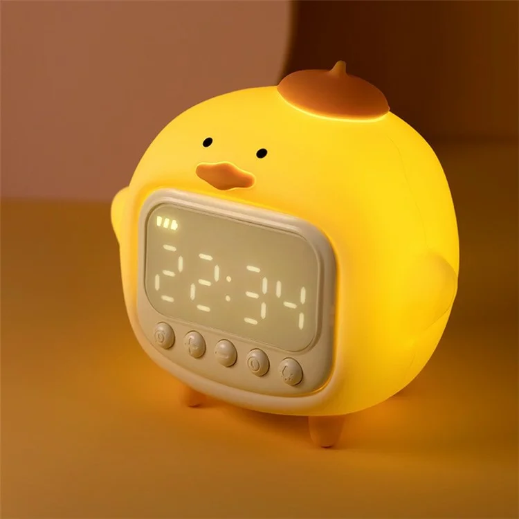 Reloj Despertador con Pantalla LED de Pato Abrazado C15 y Luz Nocturna Suave de Silicona Regulable - Amarillo