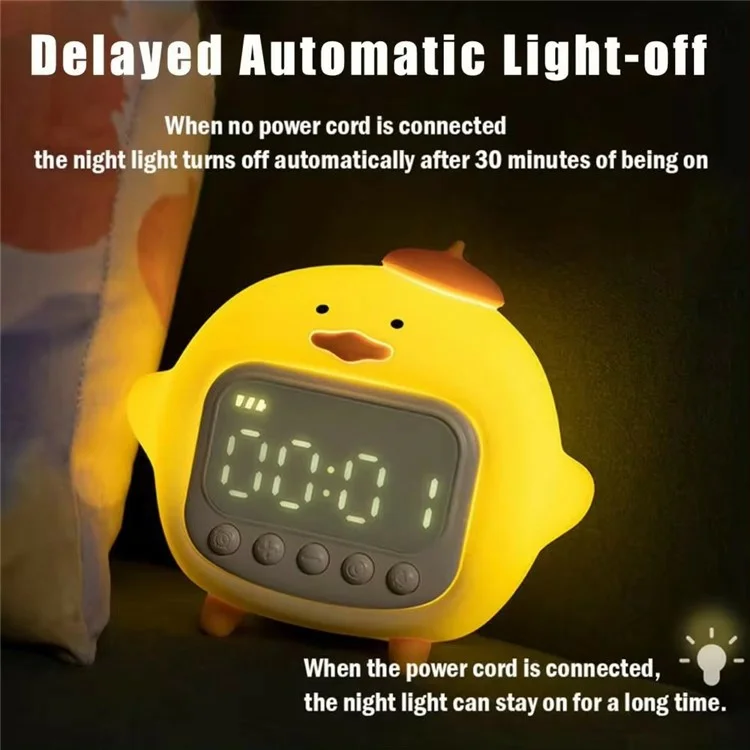 Reloj Despertador con Pantalla LED de Pato Abrazado C15 y Luz Nocturna Suave de Silicona Regulable - Amarillo