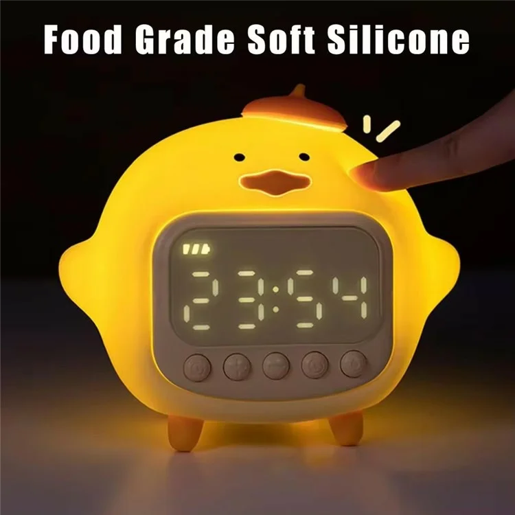 Reloj Despertador con Pantalla LED de Pato Abrazado C15 y Luz Nocturna Suave de Silicona Regulable - Amarillo