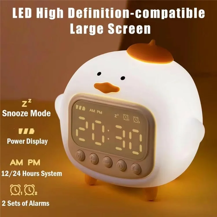 Reloj Despertador con Pantalla LED de Pato Abrazado C15 y Luz Nocturna Suave de Silicona Regulable - Amarillo
