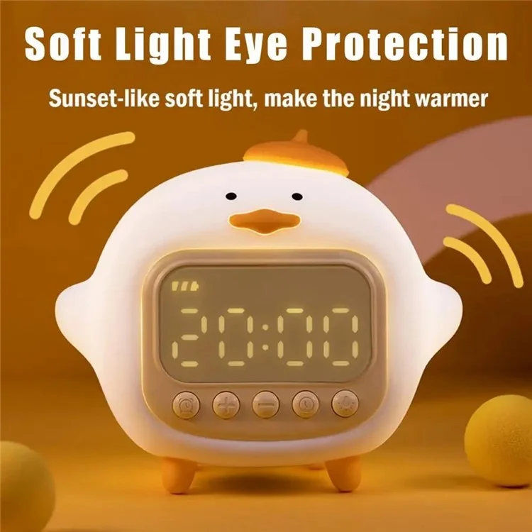 Reloj Despertador con Pantalla LED de Pato Abrazado C15 y Luz Nocturna Suave de Silicona Regulable - Amarillo