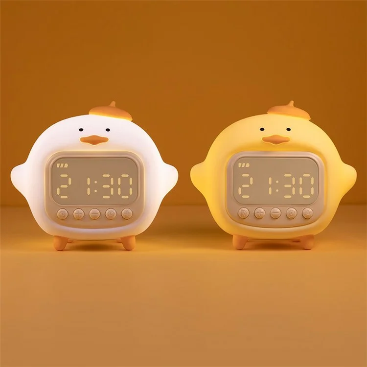 Reloj Despertador con Pantalla LED de Pato Abrazado C15 y Luz Nocturna Suave de Silicona Regulable - Amarillo