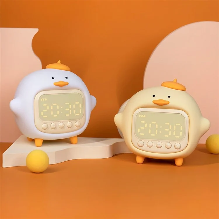 Reloj Despertador con Pantalla LED de Pato Abrazado C15 y Luz Nocturna Suave de Silicona Regulable - Amarillo