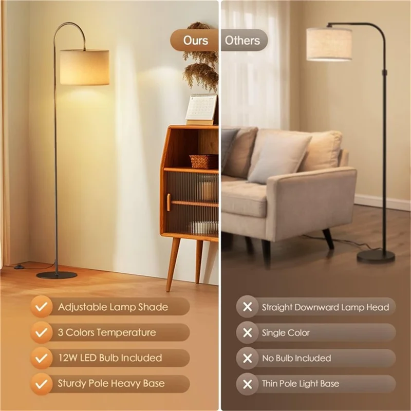 E26 / E27 12W LED Bulb Three Color Dimmable Modern Floor Standing Lamp for Living Room / Bedroom - EU Plug