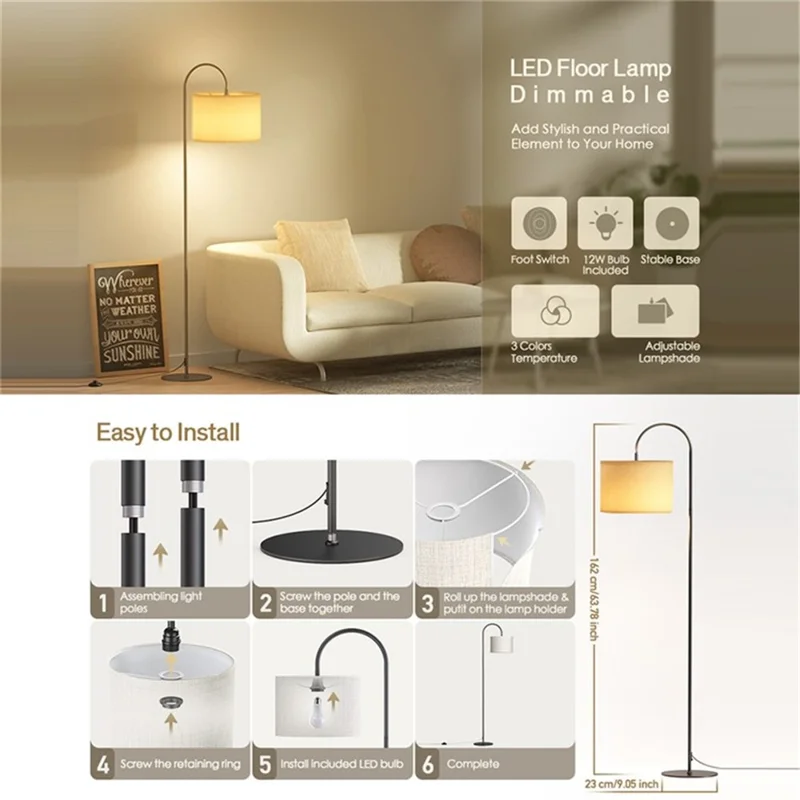 E26 / E27 12W LED Bulb Three Color Dimmable Modern Floor Standing Lamp for Living Room / Bedroom - EU Plug