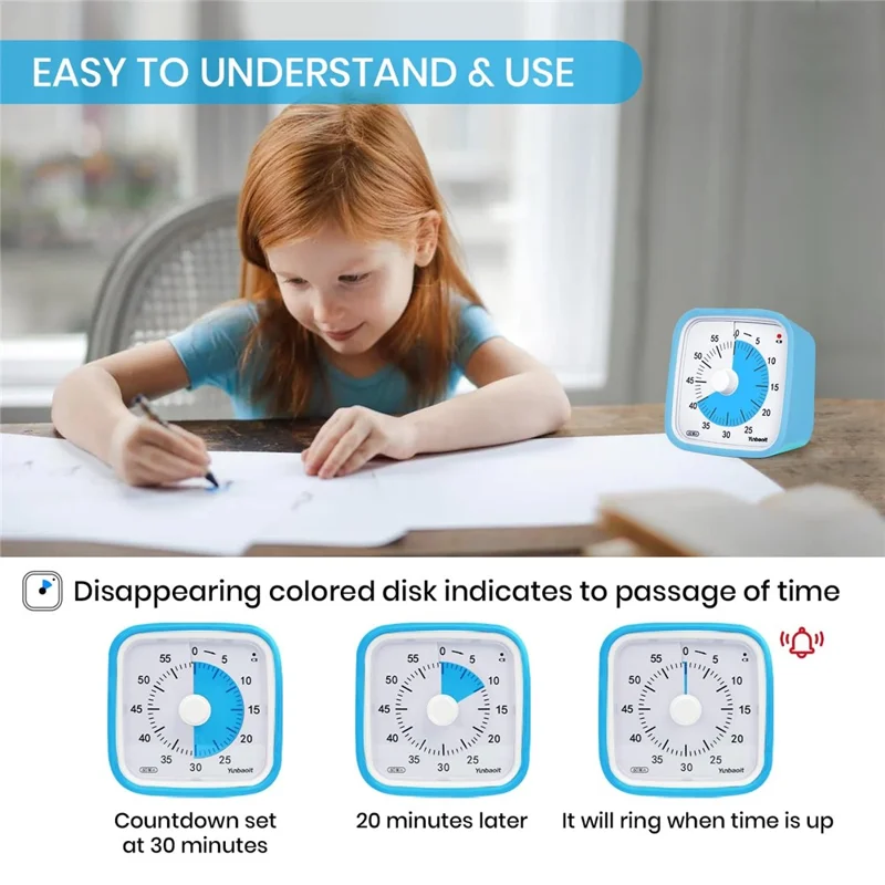 YUNBAOIT VT01 Visual Timer with Night Light 60 Minute Countdown Timer Silent Time Management Tool (Without Battery) - Blue+Blue