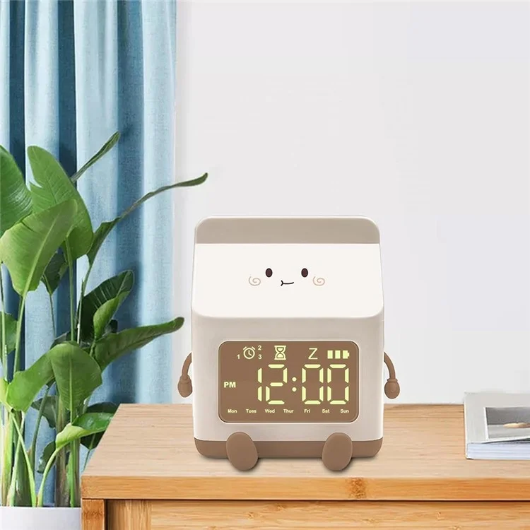 Milk Box Shape Clock with Snooze Kids LED Smart Clock Rechargeable Alarm Clock for Bedroom Room - Coffee