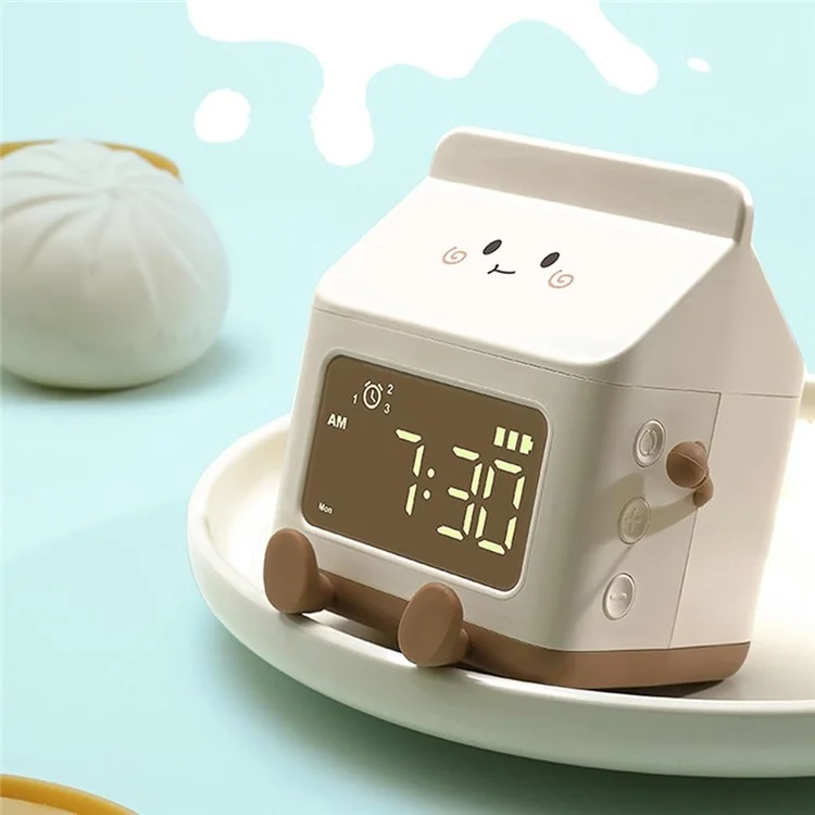 Milk Box Shape Clock with Snooze Kids LED Smart Clock Rechargeable Alarm Clock for Bedroom Room - Coffee