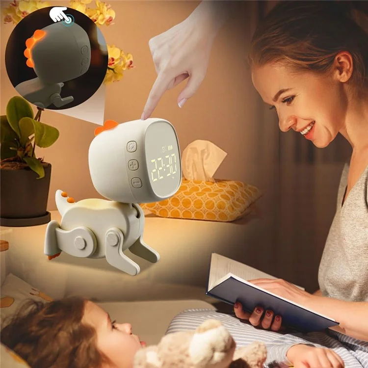 Reloj despertador con forma de dinosaurio para niños, reloj de mesilla con luz de noche, pantalla digital, entrenador de sueño para niños - Verde