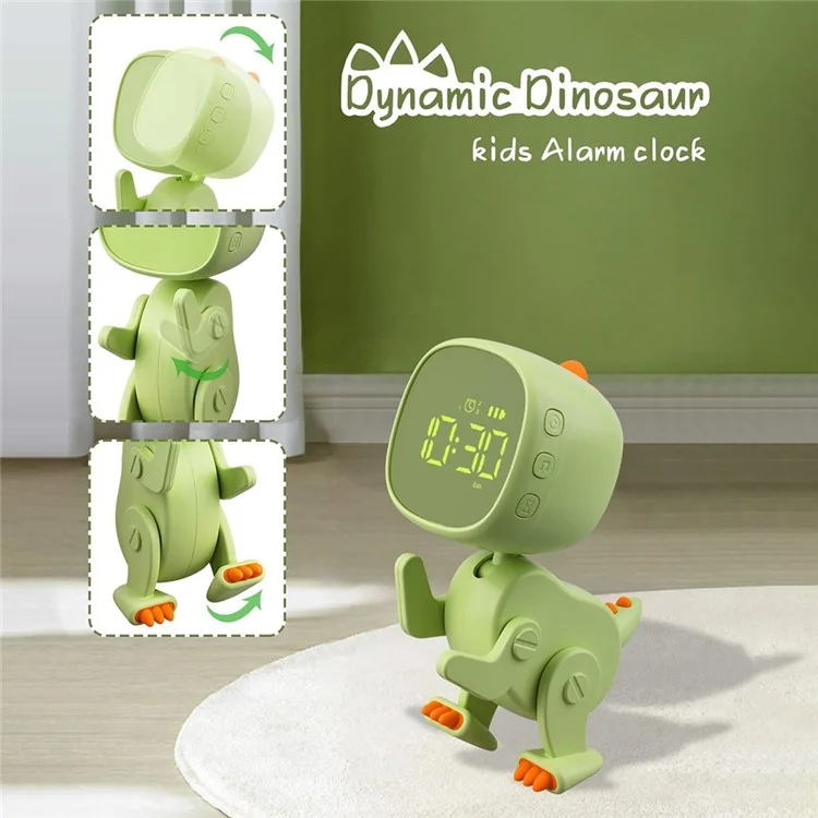 Reloj despertador con forma de dinosaurio para niños, reloj de mesilla con luz de noche, pantalla digital, entrenador de sueño para niños - Verde