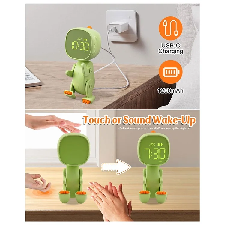 Reloj despertador con forma de dinosaurio para niños, reloj de mesilla con luz de noche, pantalla digital, entrenador de sueño para niños - Verde