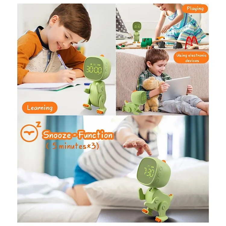 Reloj despertador con forma de dinosaurio para niños, reloj de mesilla con luz de noche, pantalla digital, entrenador de sueño para niños - Verde