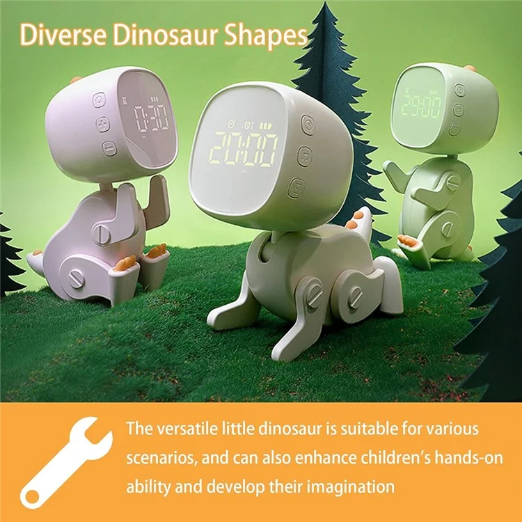 Reloj despertador con forma de dinosaurio para niños, reloj de mesilla con luz de noche, pantalla digital, entrenador de sueño para niños - Verde