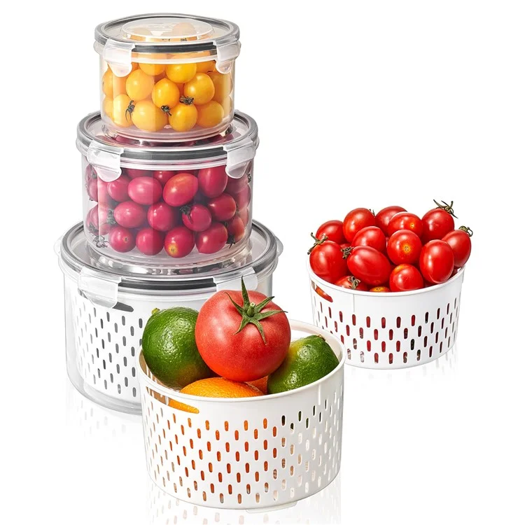 3Pzas Caja de Almacenamiento de Refrigerador Redonda Transparente Canasta de Drenaje Caja de Mantenimiento de Frescura de Frutas y Verduras (Libre de BPA, No FDA)