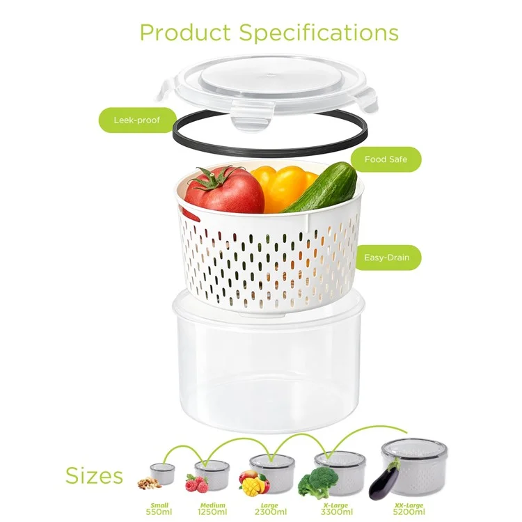 3Pzas Caja de Almacenamiento de Refrigerador Redonda Transparente Canasta de Drenaje Caja de Mantenimiento de Frescura de Frutas y Verduras (Libre de BPA, No FDA)