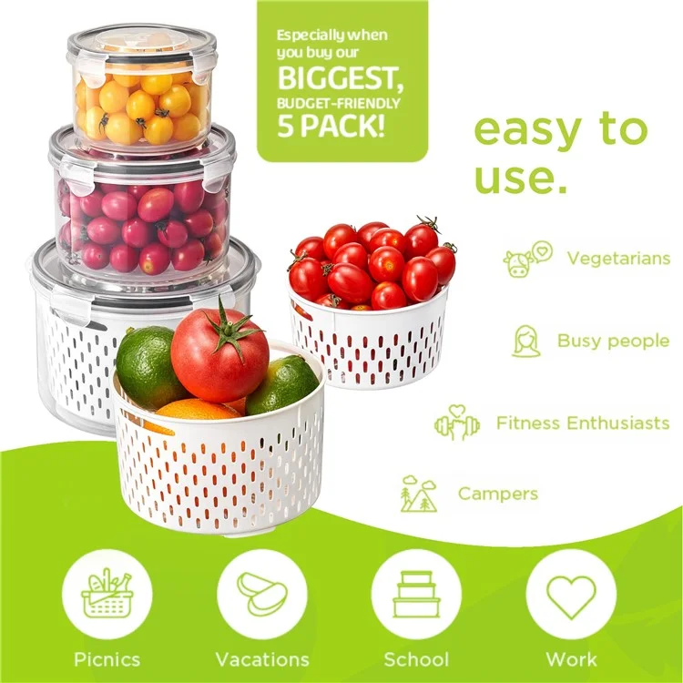 3Pzas Caja de Almacenamiento de Refrigerador Redonda Transparente Canasta de Drenaje Caja de Mantenimiento de Frescura de Frutas y Verduras (Libre de BPA, No FDA)