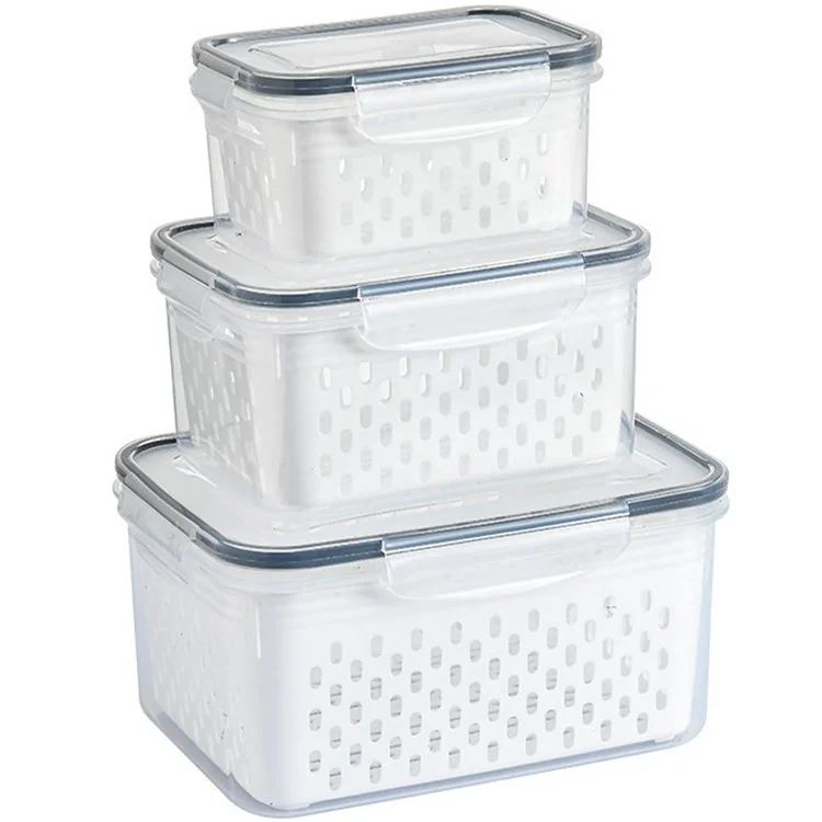 Juego de 3 cajas de almacenamiento para frigorífico, rectangulares, transparentes, con cesta de drenaje para frutas y verduras (sin BPA, sin FDA)