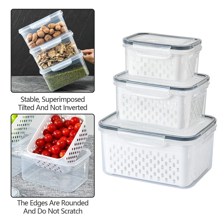Juego de 3 cajas de almacenamiento para frigorífico, rectangulares, transparentes, con cesta de drenaje para frutas y verduras (sin BPA, sin FDA)