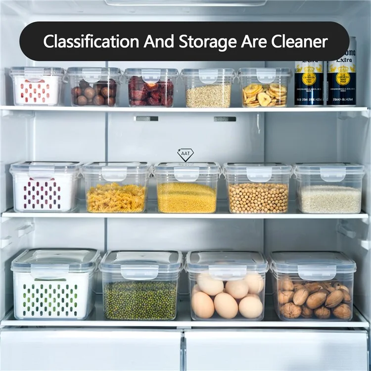 Juego de 3 cajas de almacenamiento para frigorífico, rectangulares, transparentes, con cesta de drenaje para frutas y verduras (sin BPA, sin FDA)