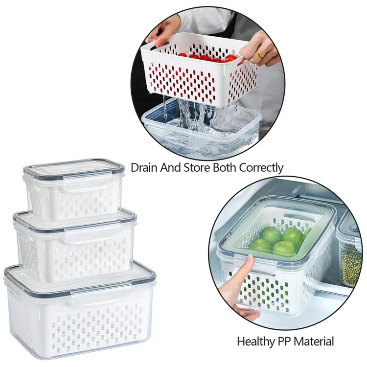 Juego de 3 cajas de almacenamiento para frigorífico, rectangulares, transparentes, con cesta de drenaje para frutas y verduras (sin BPA, sin FDA)