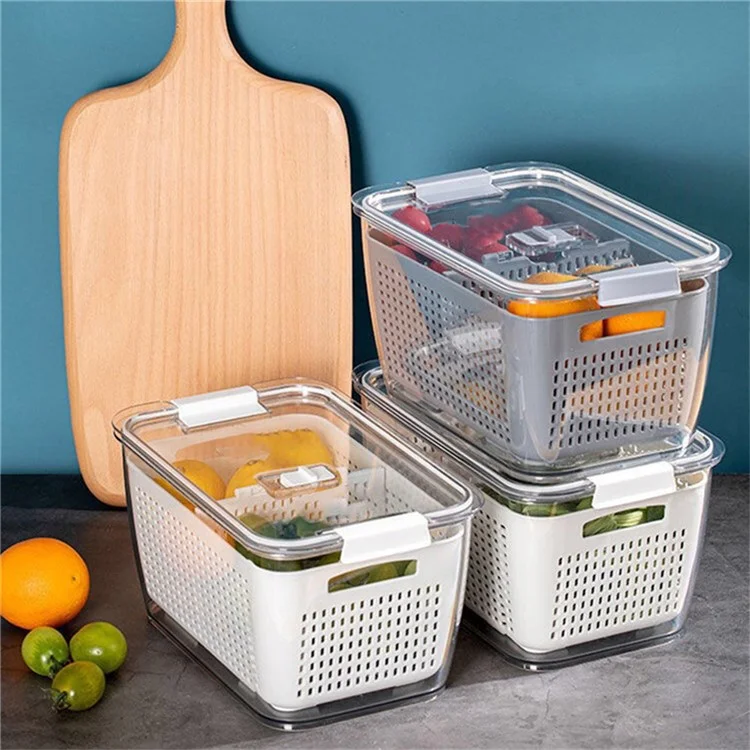 Juego de 3 cajas de almacenamiento para frigorífico, rectangulares, transparentes, con cesta de drenaje para frutas y verduras (sin BPA, sin FDA)