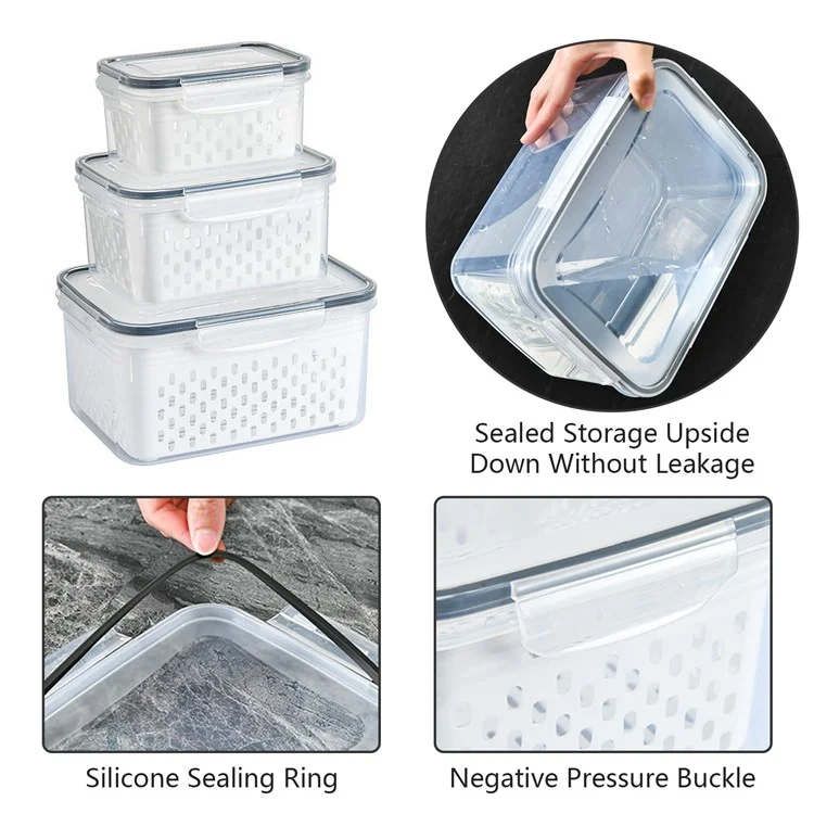 Juego de 3 cajas de almacenamiento para frigorífico, rectangulares, transparentes, con cesta de drenaje para frutas y verduras (sin BPA, sin FDA)