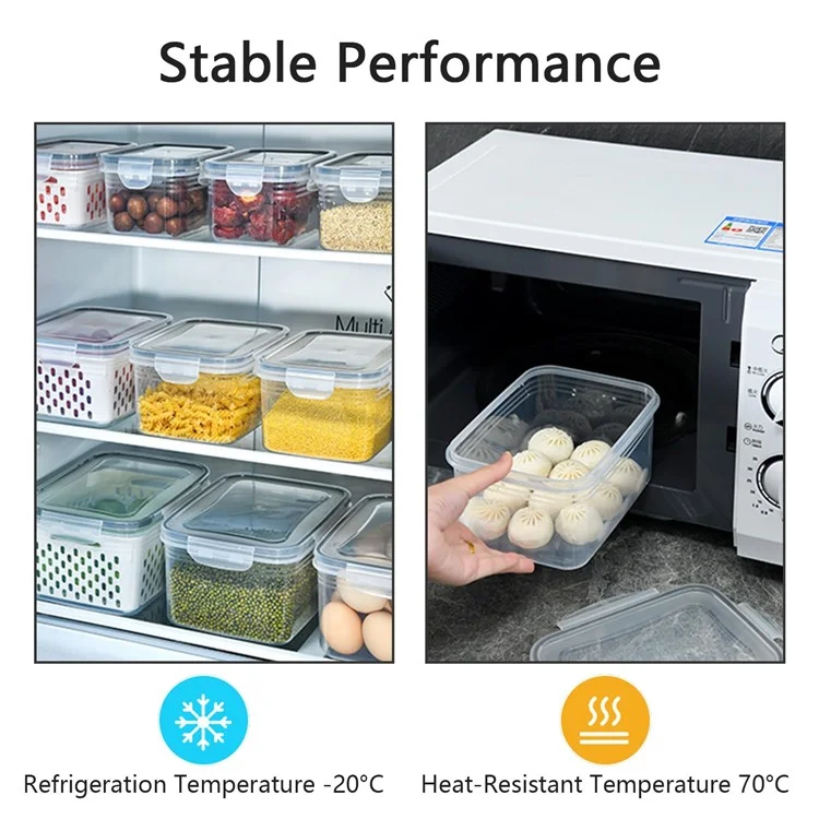 Juego de 3 cajas de almacenamiento para frigorífico, rectangulares, transparentes, con cesta de drenaje para frutas y verduras (sin BPA, sin FDA)