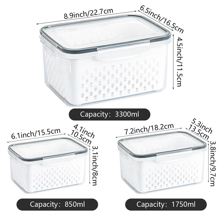 Juego de 3 cajas de almacenamiento para frigorífico, rectangulares, transparentes, con cesta de drenaje para frutas y verduras (sin BPA, sin FDA)