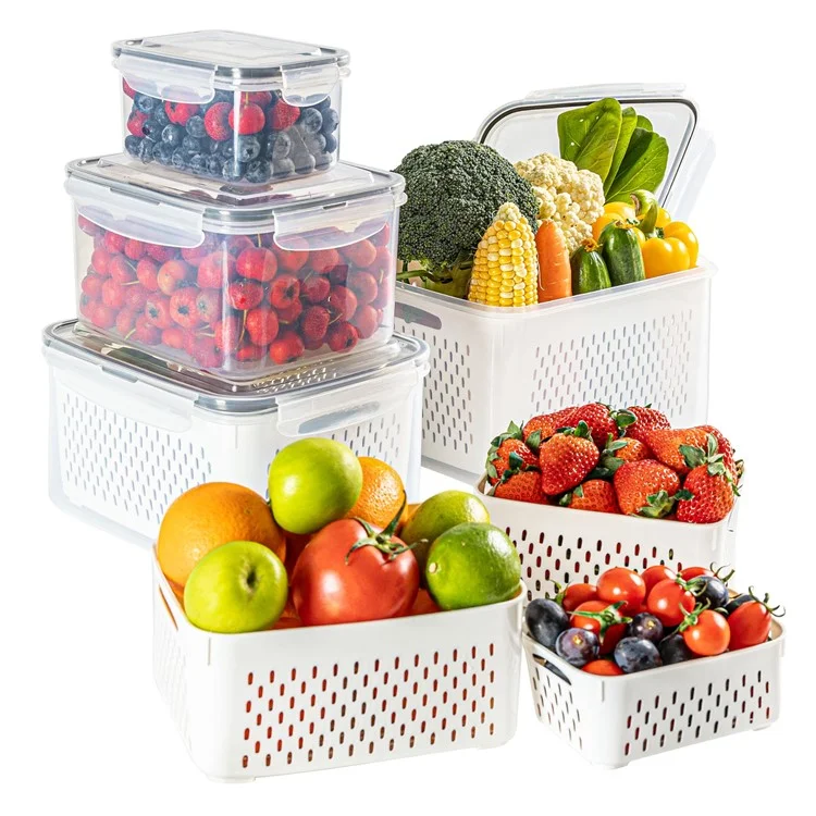 Juego de 3 cajas de almacenamiento para frigorífico, rectangulares, transparentes, con cesta de drenaje para frutas y verduras (sin BPA, sin FDA)