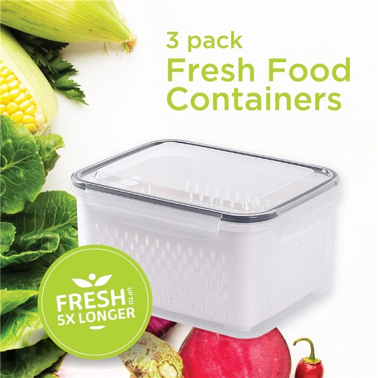 Juego de 3 cajas de almacenamiento para frigorífico, rectangulares, transparentes, con cesta de drenaje para frutas y verduras (sin BPA, sin FDA)