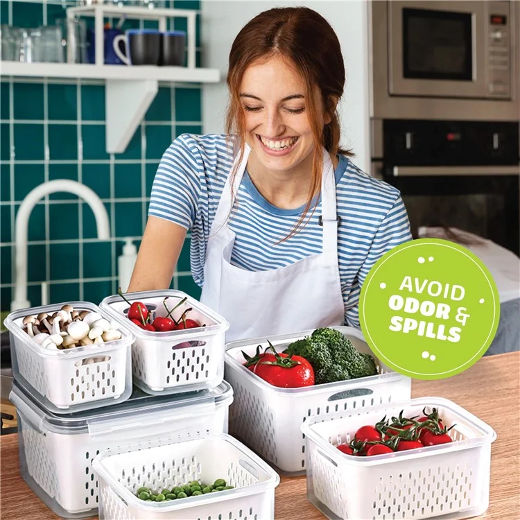 Juego de 3 cajas de almacenamiento para frigorífico, rectangulares, transparentes, con cesta de drenaje para frutas y verduras (sin BPA, sin FDA)