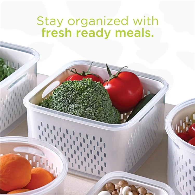 Juego de 3 cajas de almacenamiento para frigorífico, rectangulares, transparentes, con cesta de drenaje para frutas y verduras (sin BPA, sin FDA)