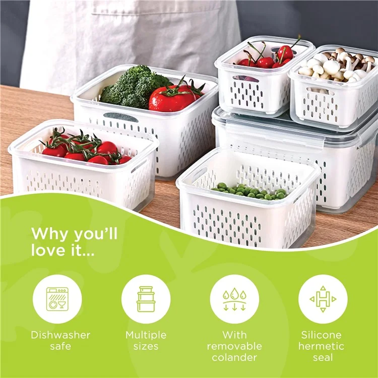 Juego de 3 cajas de almacenamiento para frigorífico, rectangulares, transparentes, con cesta de drenaje para frutas y verduras (sin BPA, sin FDA)