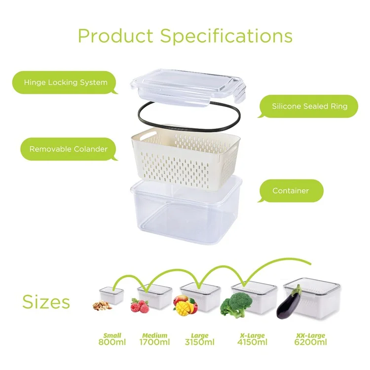 Juego de 3 cajas de almacenamiento para frigorífico, rectangulares, transparentes, con cesta de drenaje para frutas y verduras (sin BPA, sin FDA)