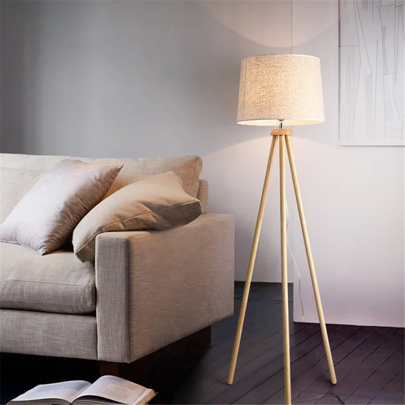 Nordic Wooden Bracket Floor Lamp Living Room Bedroom Bedside Lamp Modern Simple Vertical Lamp, Three-Color Light Source, EU Plug - Style A
