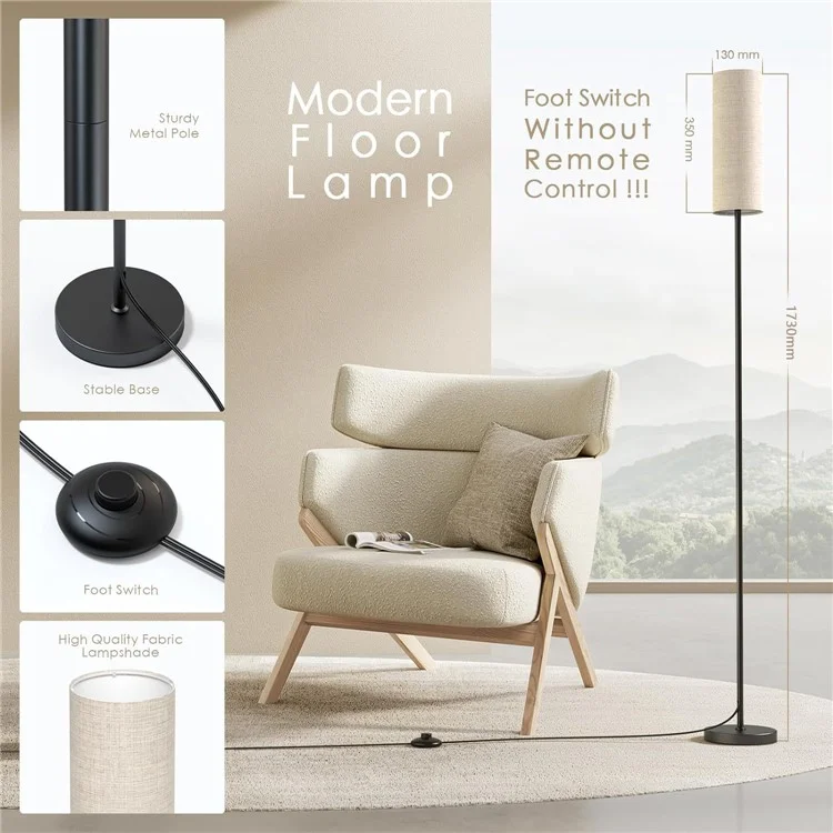 Linen Lampshade Standing Lamp Study Room Bedroom LED Floor Lamp with 3 Color Temperature Bulb, EU Plug