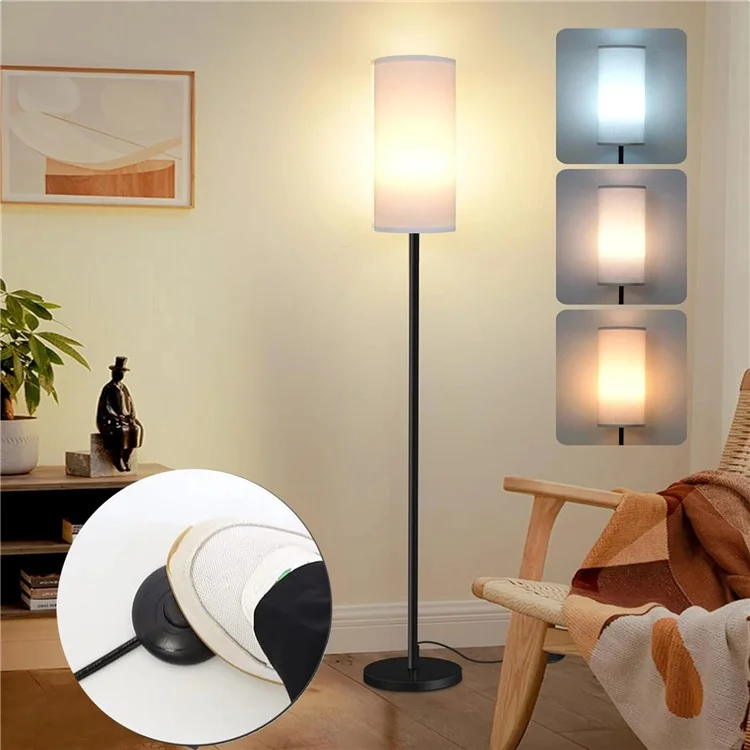 Linen Lampshade Standing Lamp Study Room Bedroom LED Floor Lamp with 3 Color Temperature Bulb, EU Plug