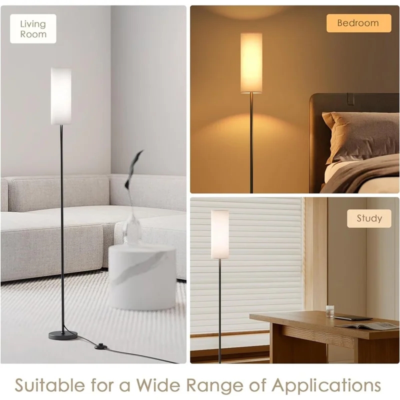 Linen Lampshade Standing Lamp Study Room Bedroom LED Floor Lamp with 3 Color Temperature Bulb, EU Plug