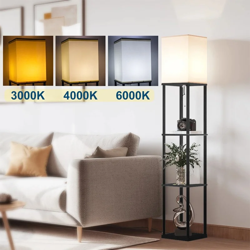 Square Cloth Lampshade Floor Lamp Storage Rack Bookshelf Lamp with 9W Three-Color Light Bulb, EU Plug