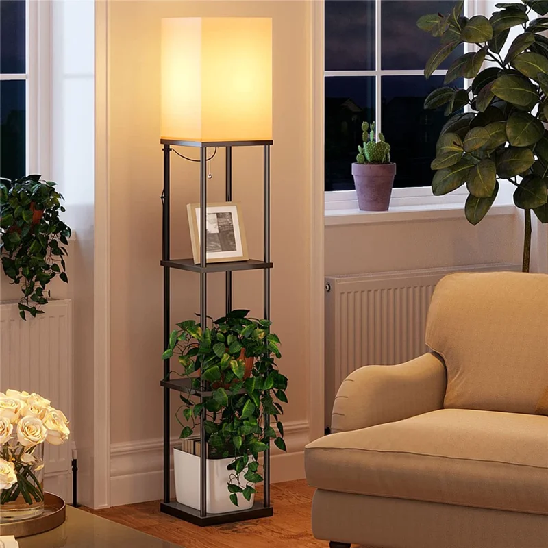 Square Cloth Lampshade Floor Lamp Storage Rack Bookshelf Lamp with 9W Three-Color Light Bulb, EU Plug