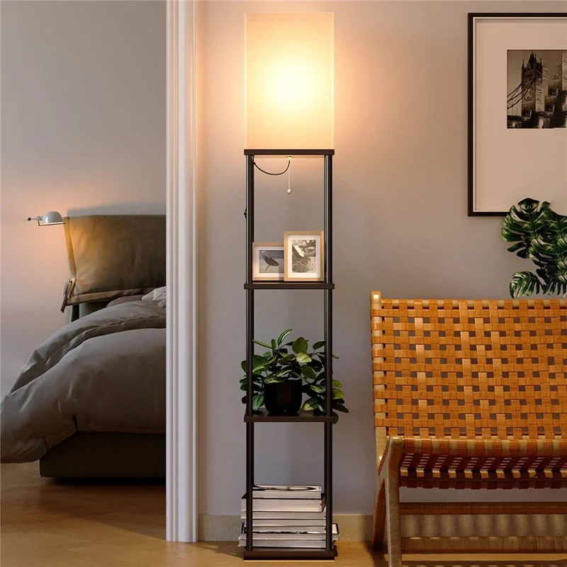 Square Cloth Lampshade Floor Lamp Storage Rack Bookshelf Lamp with 9W Three-Color Light Bulb, EU Plug