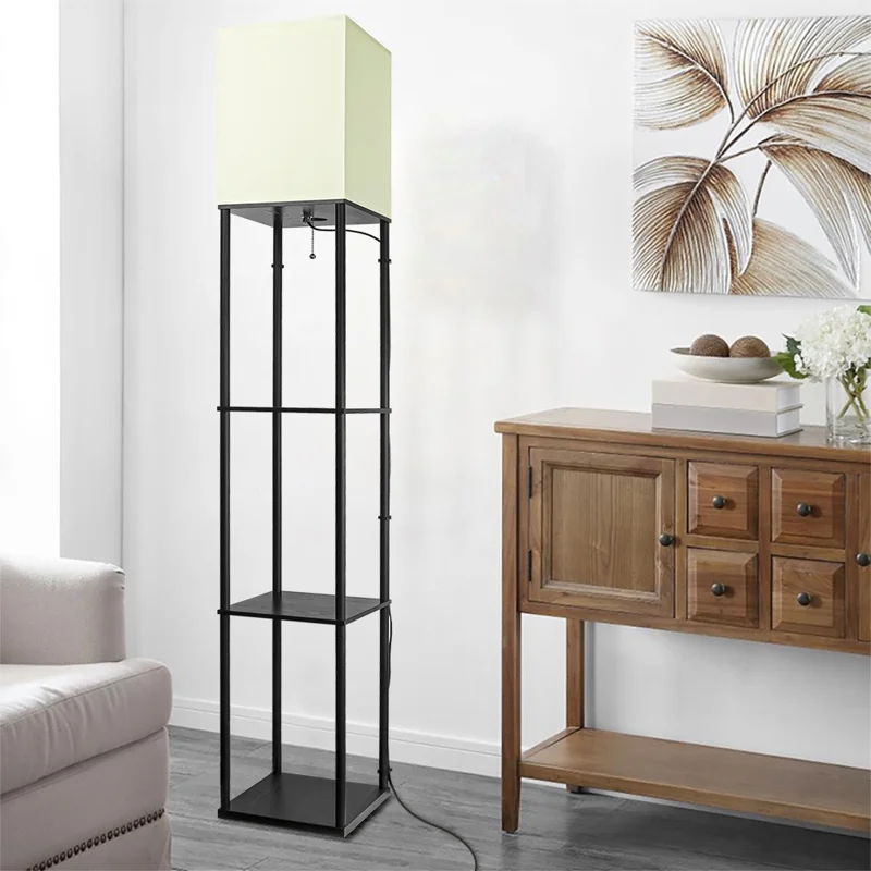 Square Cloth Lampshade Floor Lamp Storage Rack Bookshelf Lamp with 9W Three-Color Light Bulb, EU Plug