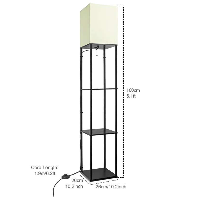 Square Cloth Lampshade Floor Lamp Storage Rack Bookshelf Lamp with 9W Three-Color Light Bulb, EU Plug
