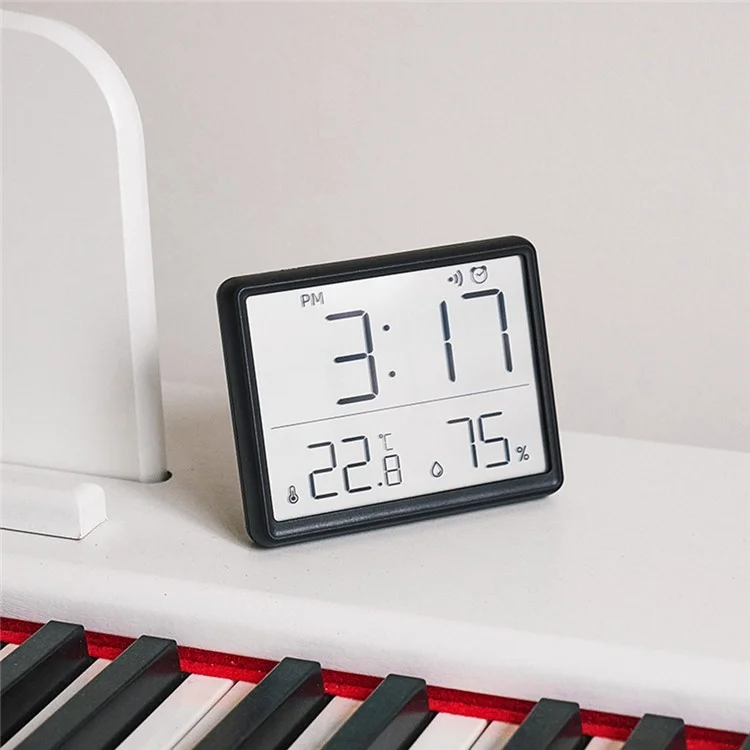 Digital Alarm Clock LCD Electric Clock with Calendar Temperature and Humidity for Living Room, Bedroom,Office - Black