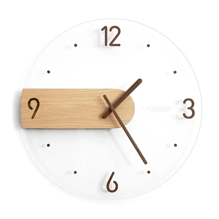 Wall Clock Modern Walnut Dial Glass Clear Glass Clocks Battery Operated Ultra-Quiet Movement for Bedroom, Study