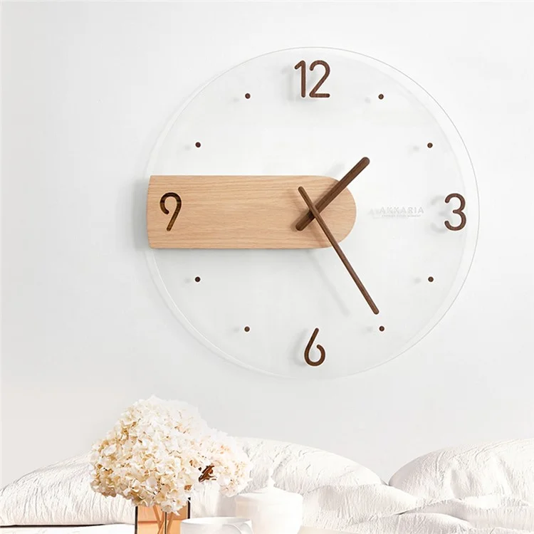 Wall Clock Modern Walnut Dial Glass Clear Glass Clocks Battery Operated Ultra-Quiet Movement for Bedroom, Study