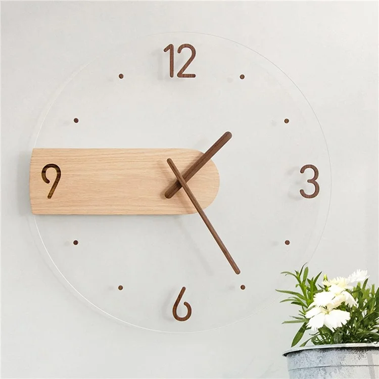 Wall Clock Modern Walnut Dial Glass Clear Glass Clocks Battery Operated Ultra-Quiet Movement for Bedroom, Study