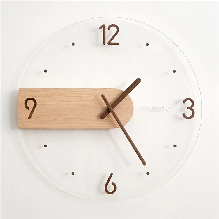 Wall Clock Modern Walnut Dial Glass Clear Glass Clocks Battery Operated Ultra-Quiet Movement for Bedroom, Study